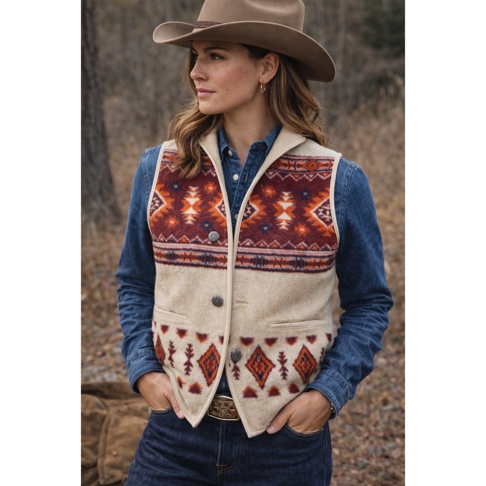 Orvis Womens Small Southwestern Aztec Fleece Vest Button Front Pockets